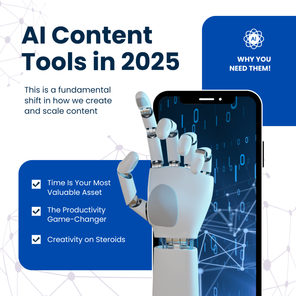 Infographic explaining how AI tools save time by automating tasks, boosting productivity, and sparking creativity.