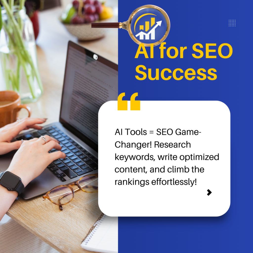 Graphic showing how AI tools improve SEO by researching keywords, optimizing content, and boosting search rankings.